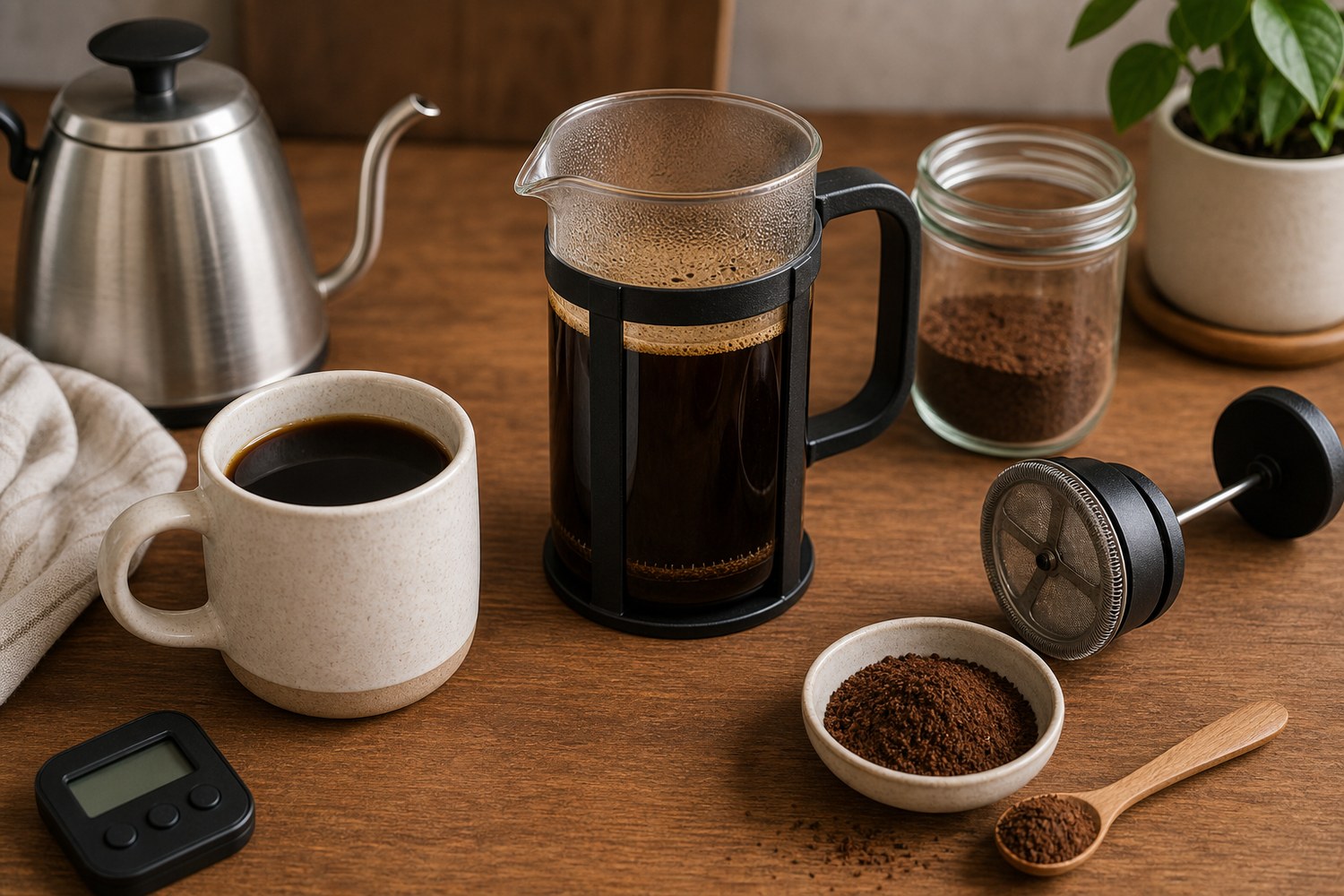 French press brewing setup with coarse coffee grounds, kettle, timer, and mug