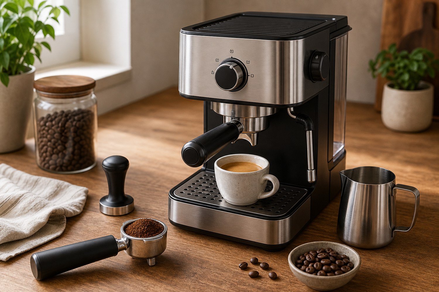 Beginner home espresso machine setup with portafilter, tamper, milk pitcher, and espresso cup