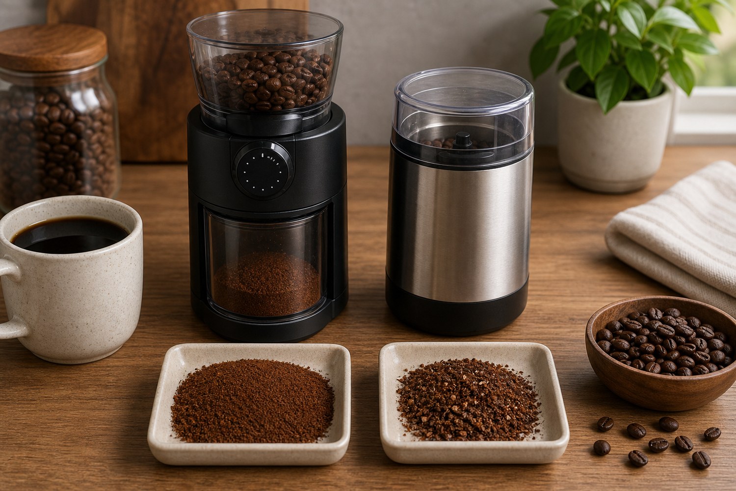 Burr grinder and blade grinder comparison with even and uneven coffee grounds