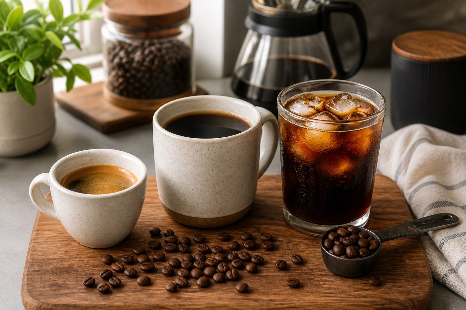 Espresso, drip coffee, and cold brew shown side by side for caffeine comparison