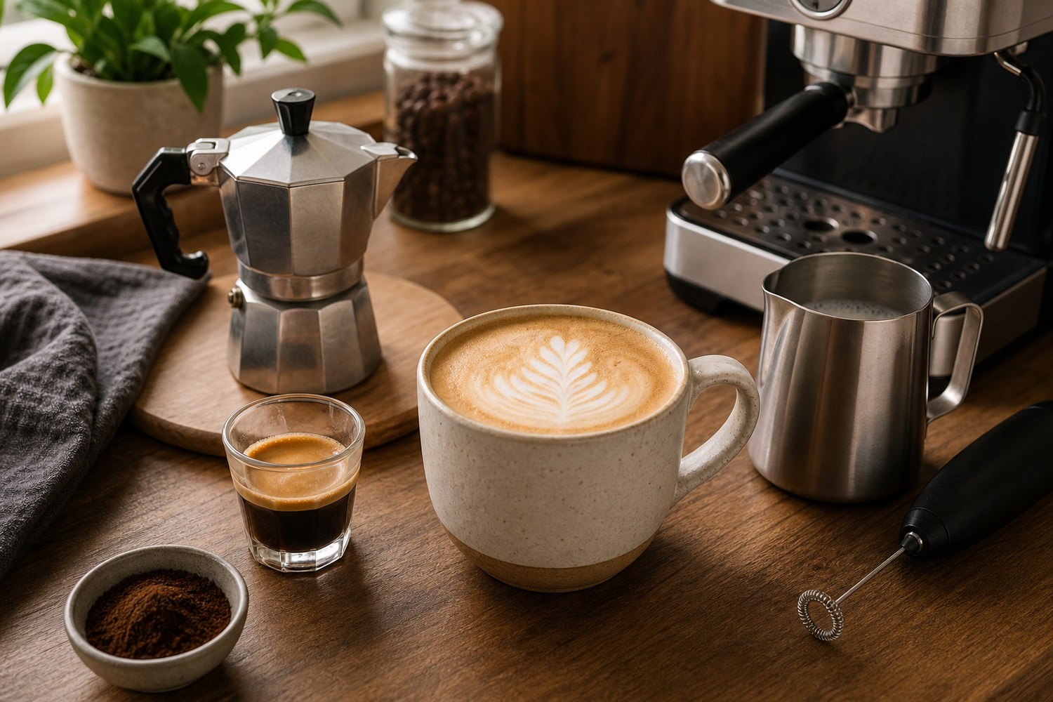 Classic cafe latte setup with milk pitcher, espresso cup, moka pot, and home frothing tools