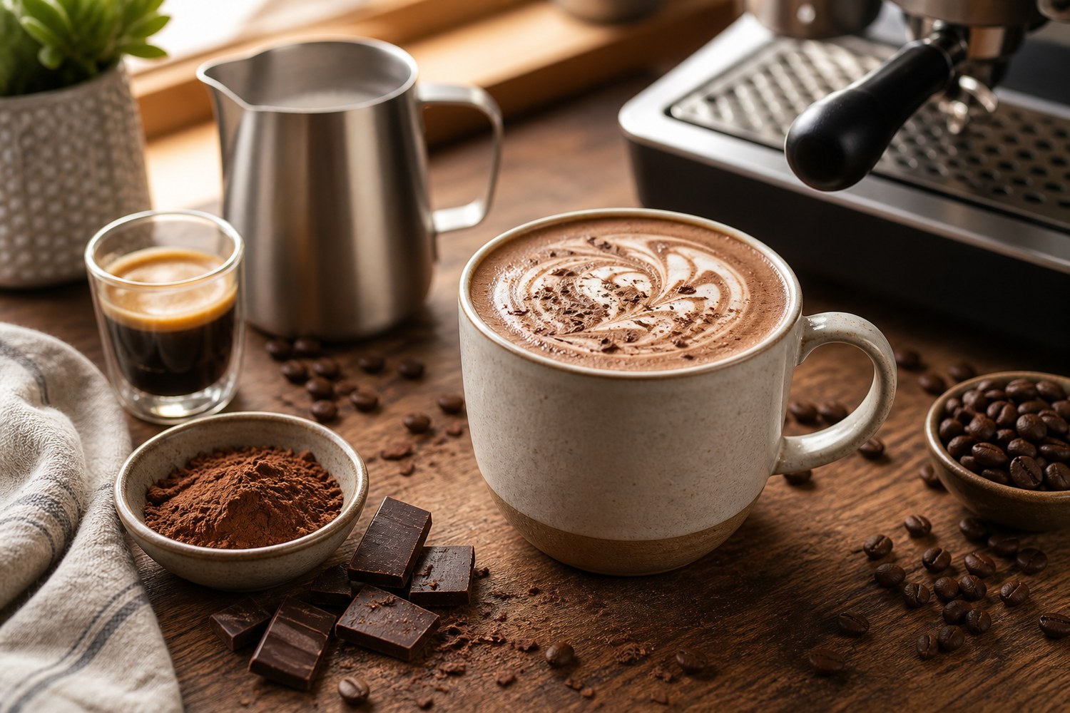 Classic mocha coffee with chocolate, espresso, milk pitcher, and coffee beans