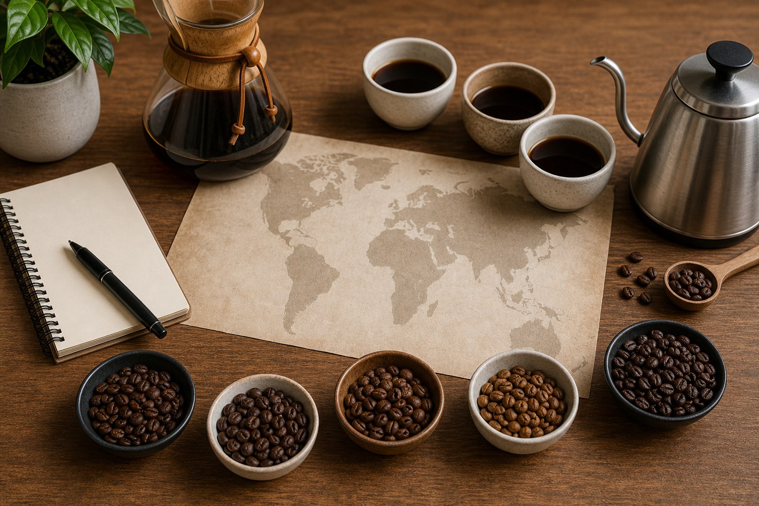Coffee bean origin tasting setup with different roasted beans, tasting cups, and pour over brewer