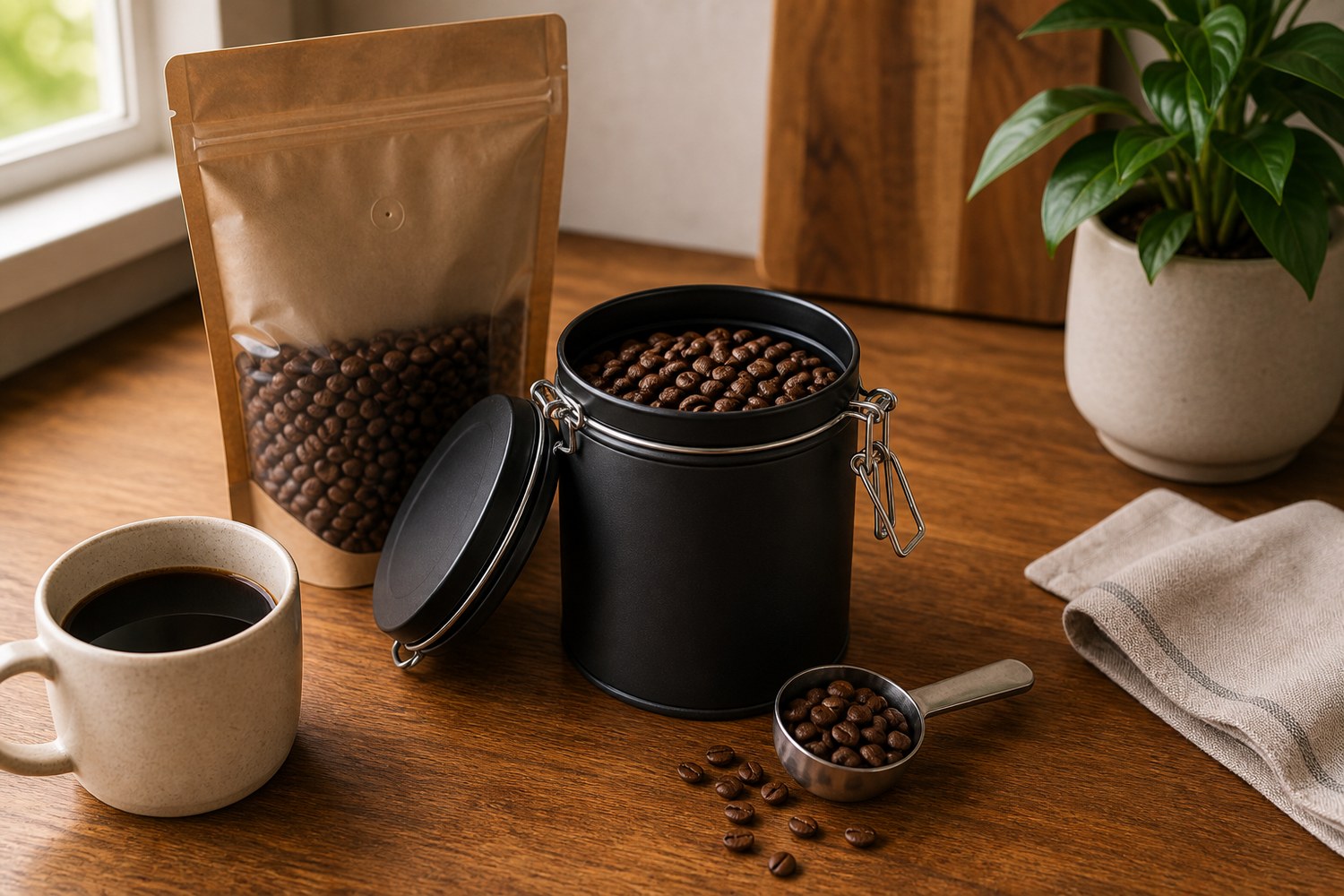 Coffee bean storage setup with airtight canister, whole beans, scoop, and mug