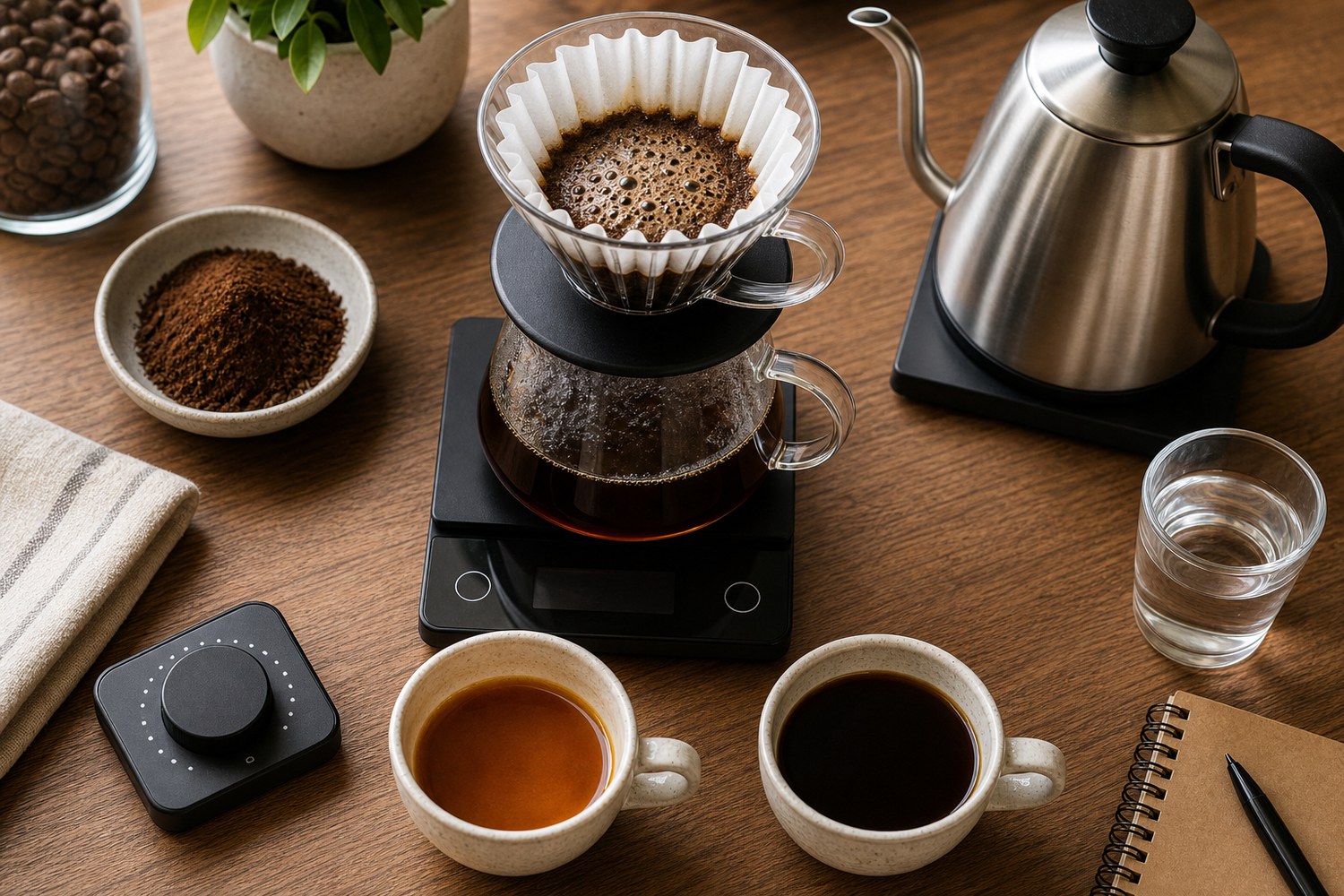 Pour over coffee setup with scale, timer, kettle, ground coffee, and cups for extraction variables