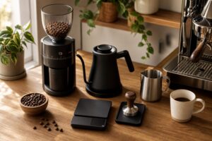 Upgraded home coffee setup with grinder, kettle, scale, espresso tools, beans, and mug