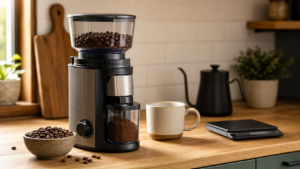 Beginner coffee grinder setup with fresh beans and brewing gear