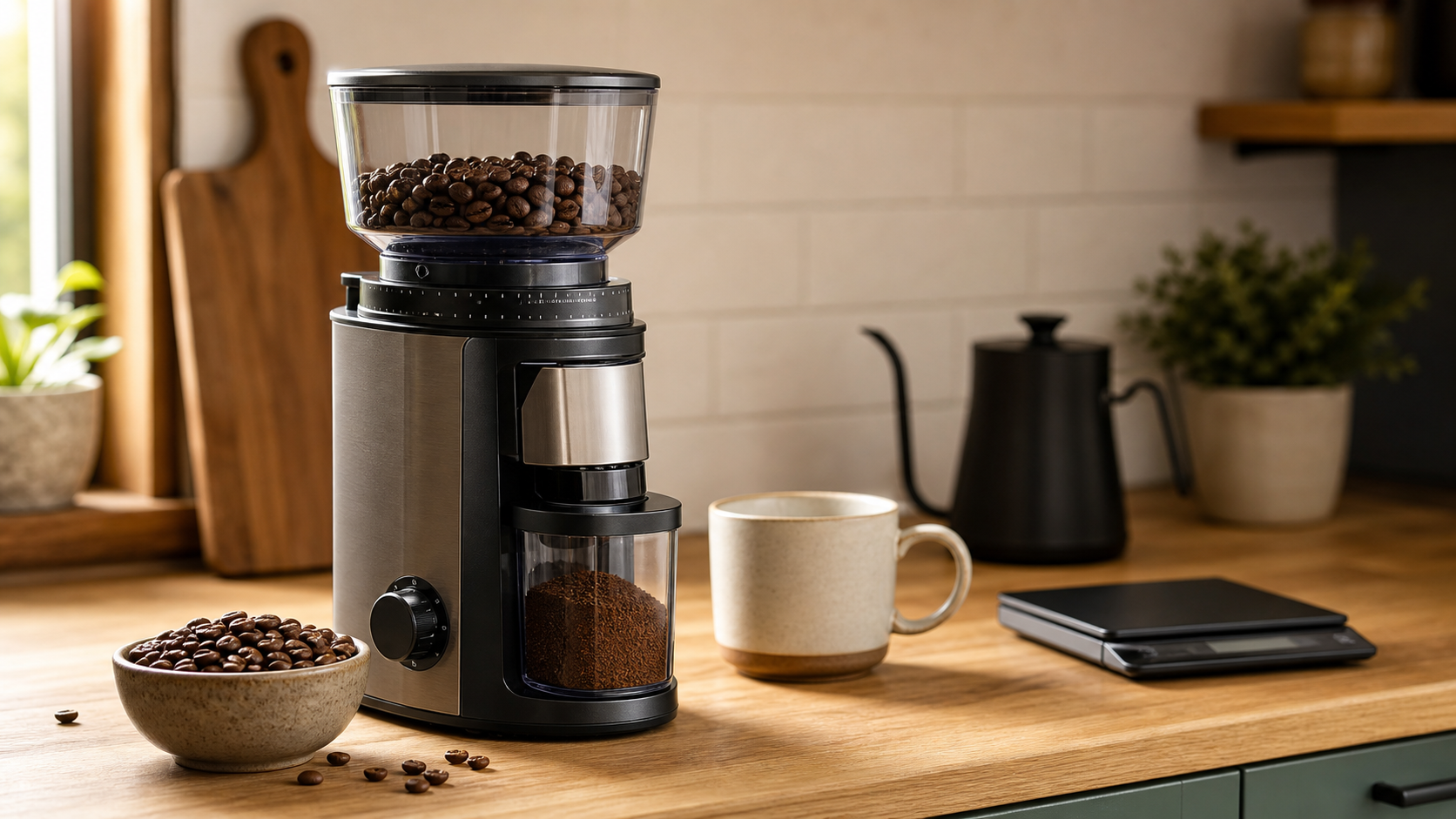 Beginner home coffee grinder setup with coffee beans, mug, and scale