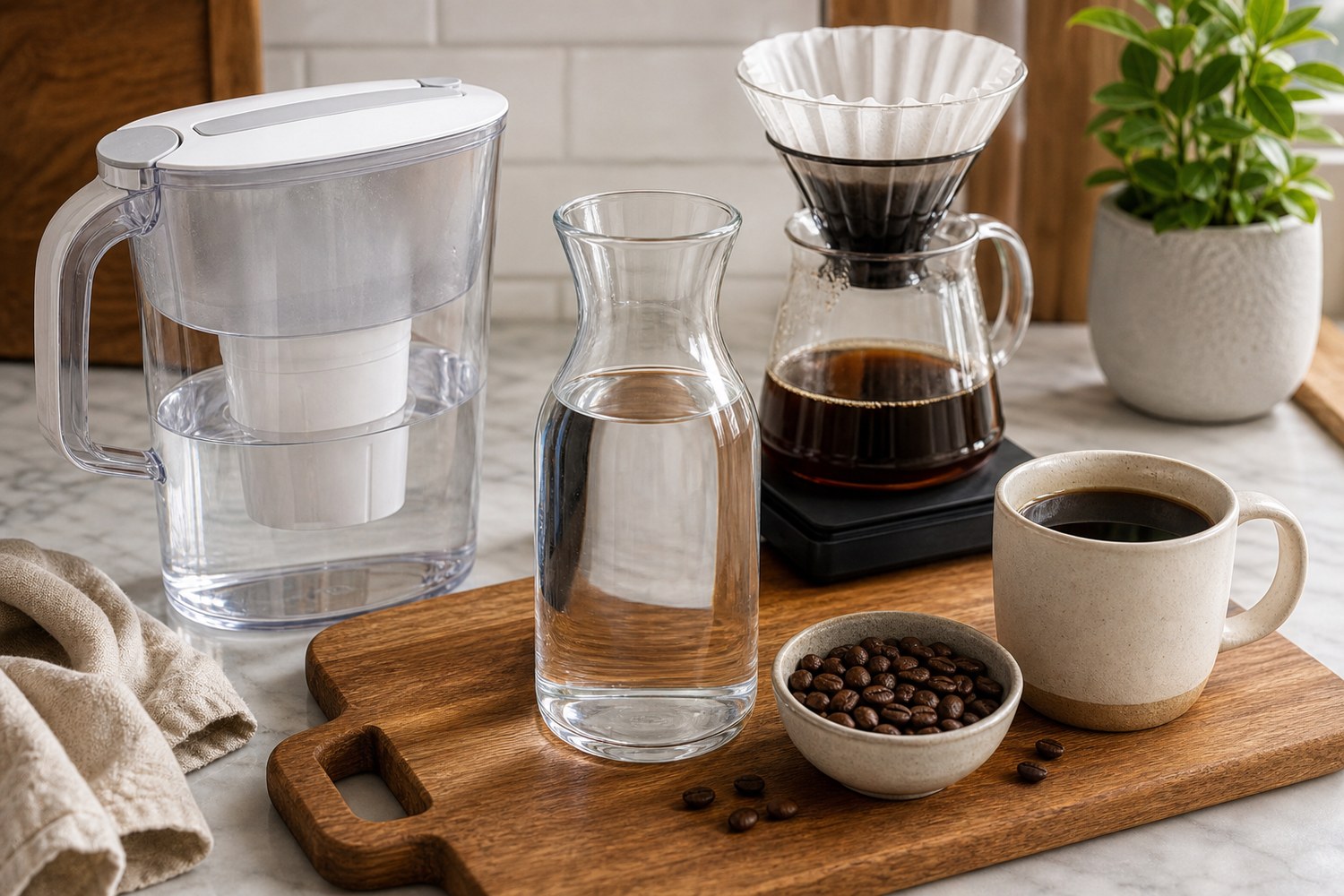 Filtered water, coffee brewer, beans, and mug showing water quality for coffee brewing