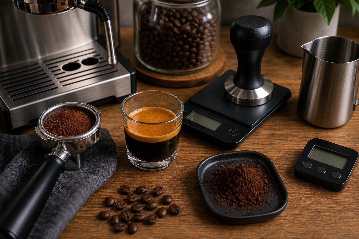 Home espresso setup with portafilter, tamper, scale, timer, and fresh espresso shot