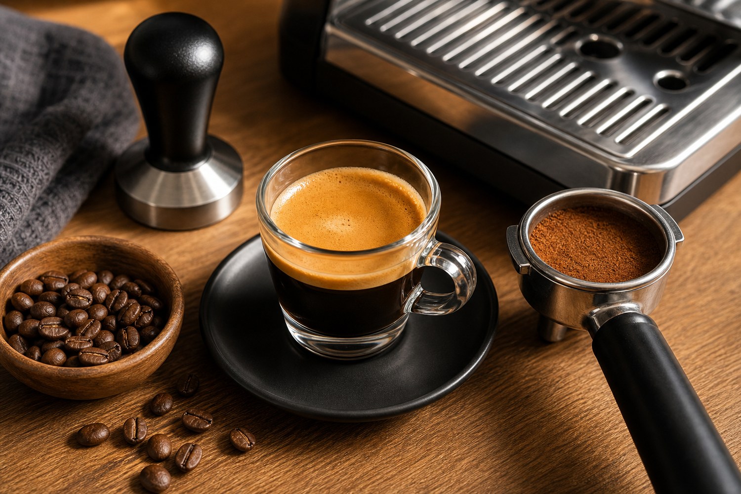 Fresh espresso shot with golden crema, portafilter, tamper, and coffee beans