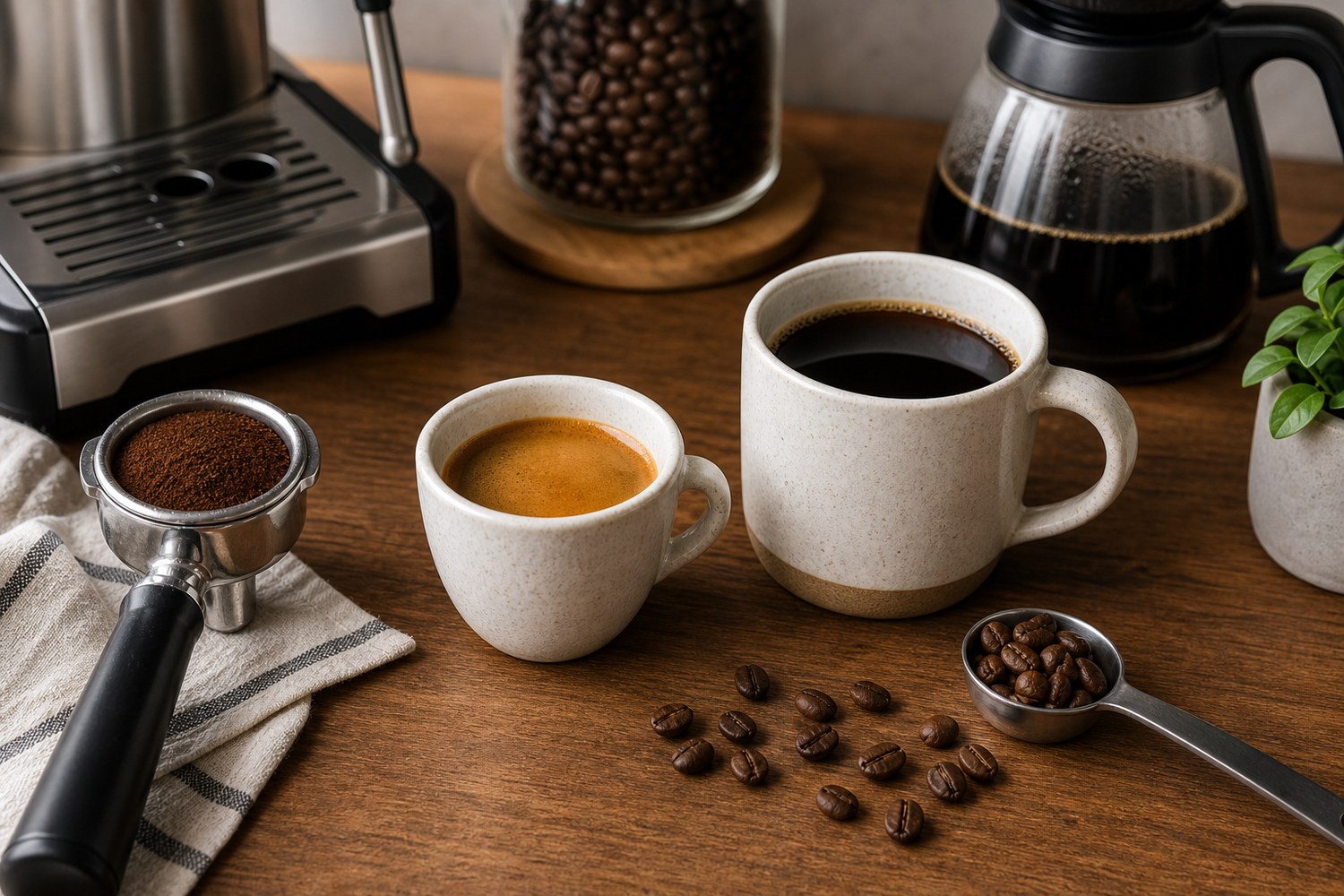 Espresso cup and drip coffee mug side by side with brewing gear