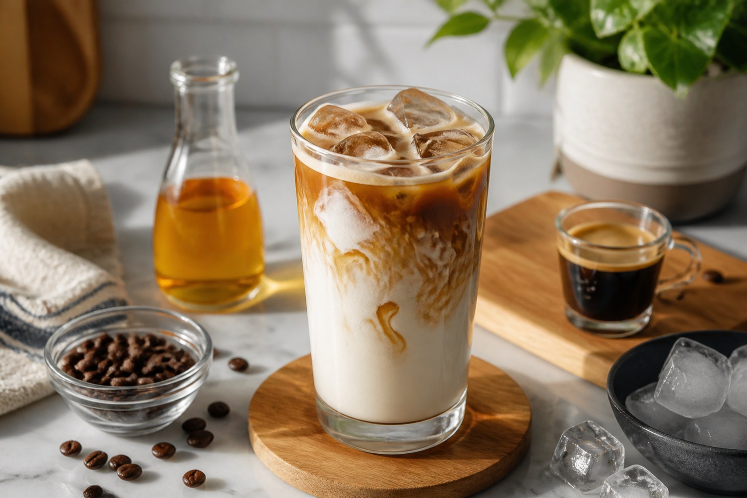 Iced vanilla latte with espresso, milk, ice, and vanilla syrup on a kitchen counter