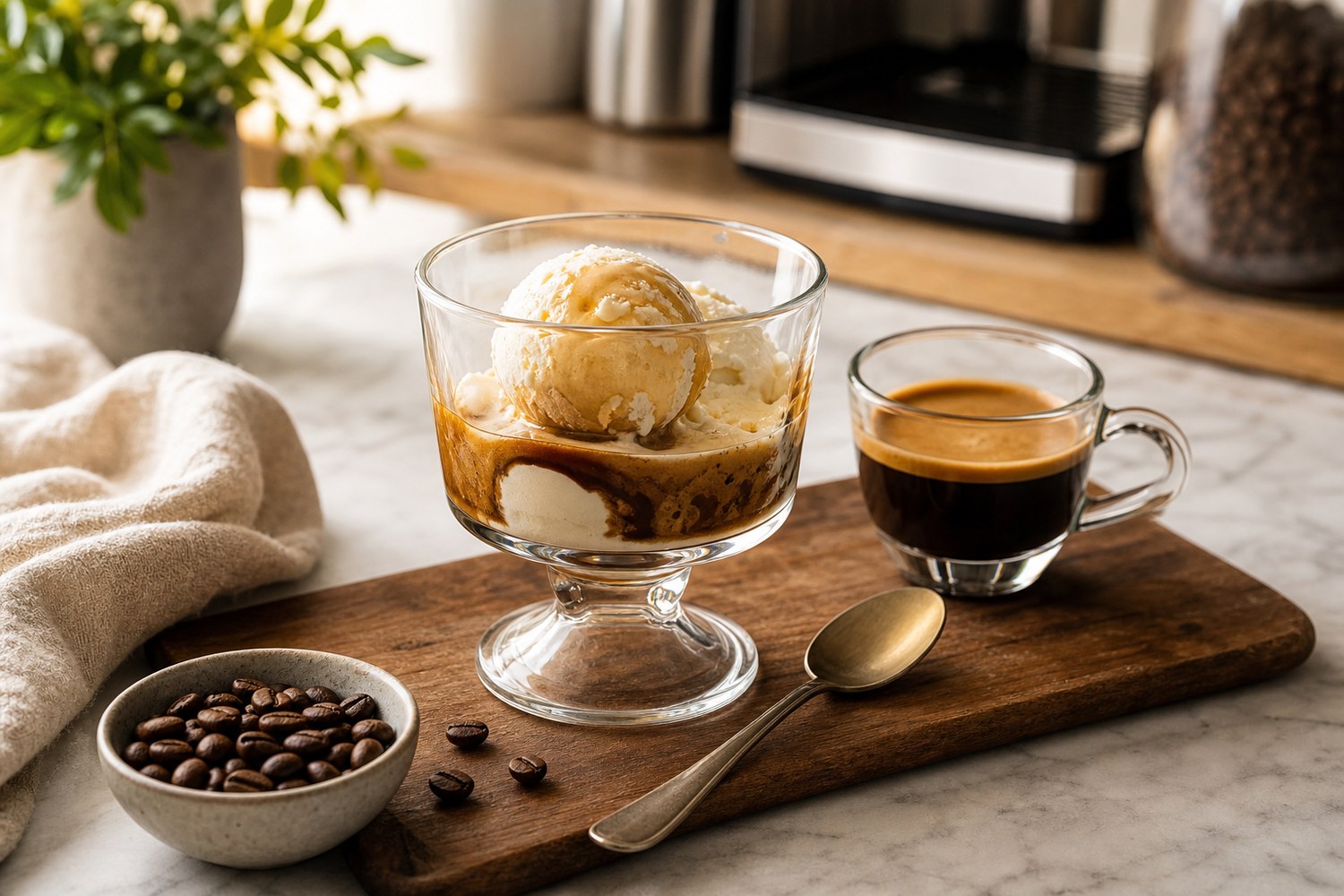 Affogato dessert with espresso and vanilla gelato on a home coffee bar