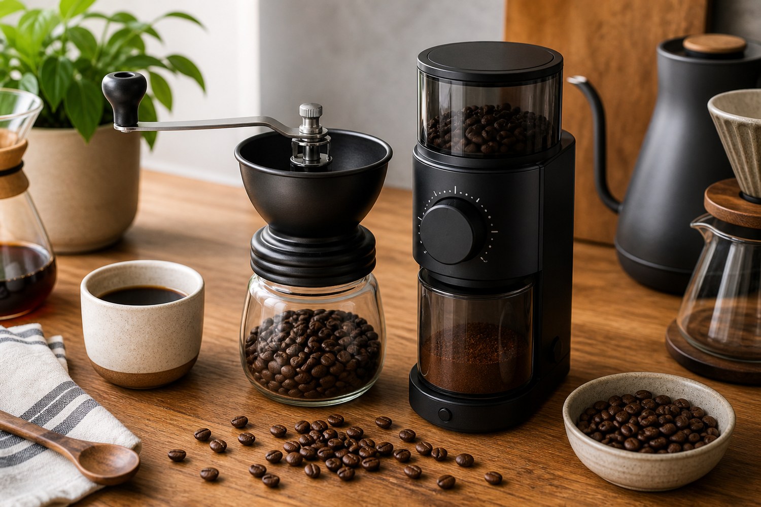 Manual hand grinder and electric burr grinder side by side with coffee beans