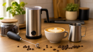 Milk frother and latte art setup for beginner home coffee drinks