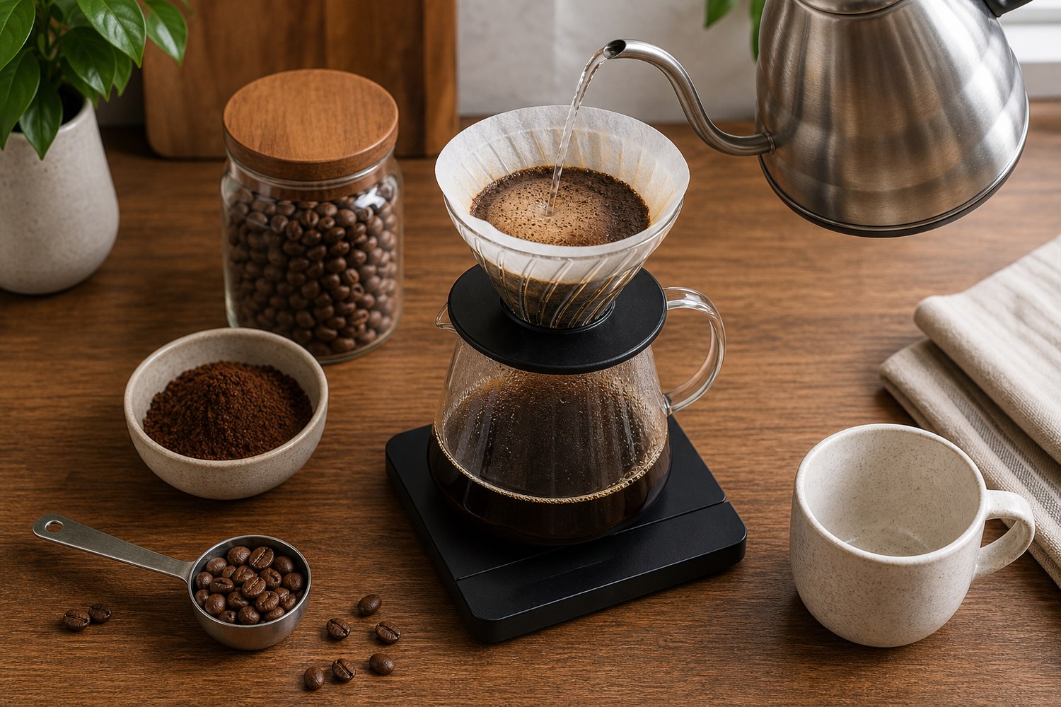 Pour over coffee brewing setup with dripper, gooseneck kettle, scale, mug, and beans