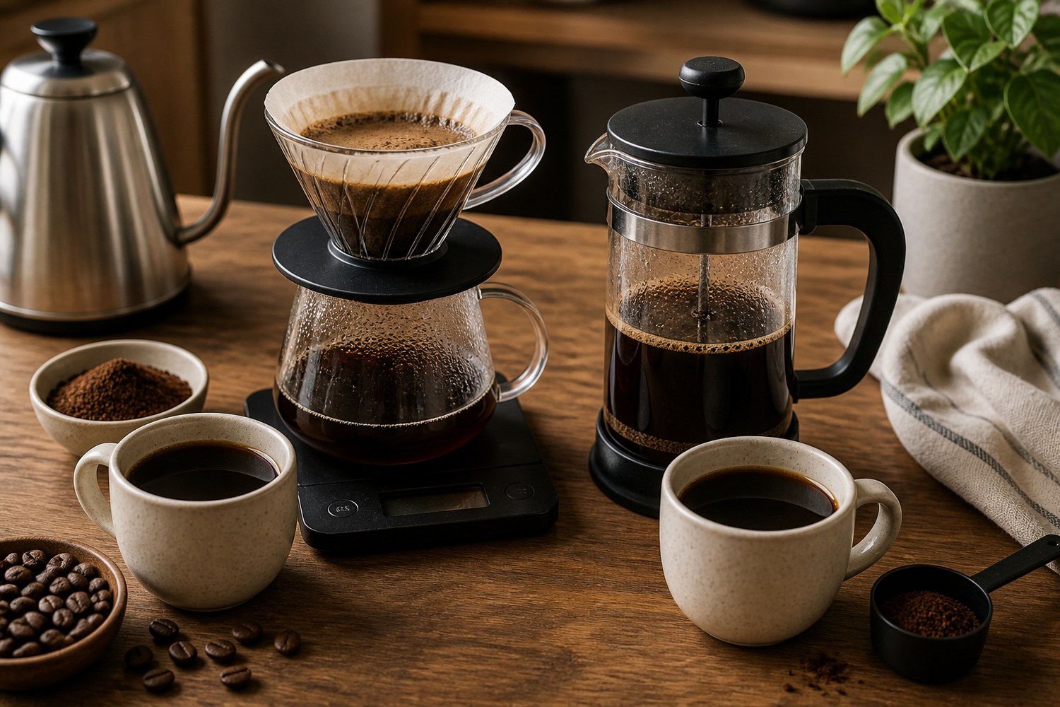 Pour over dripper and French press side by side on a home coffee counter