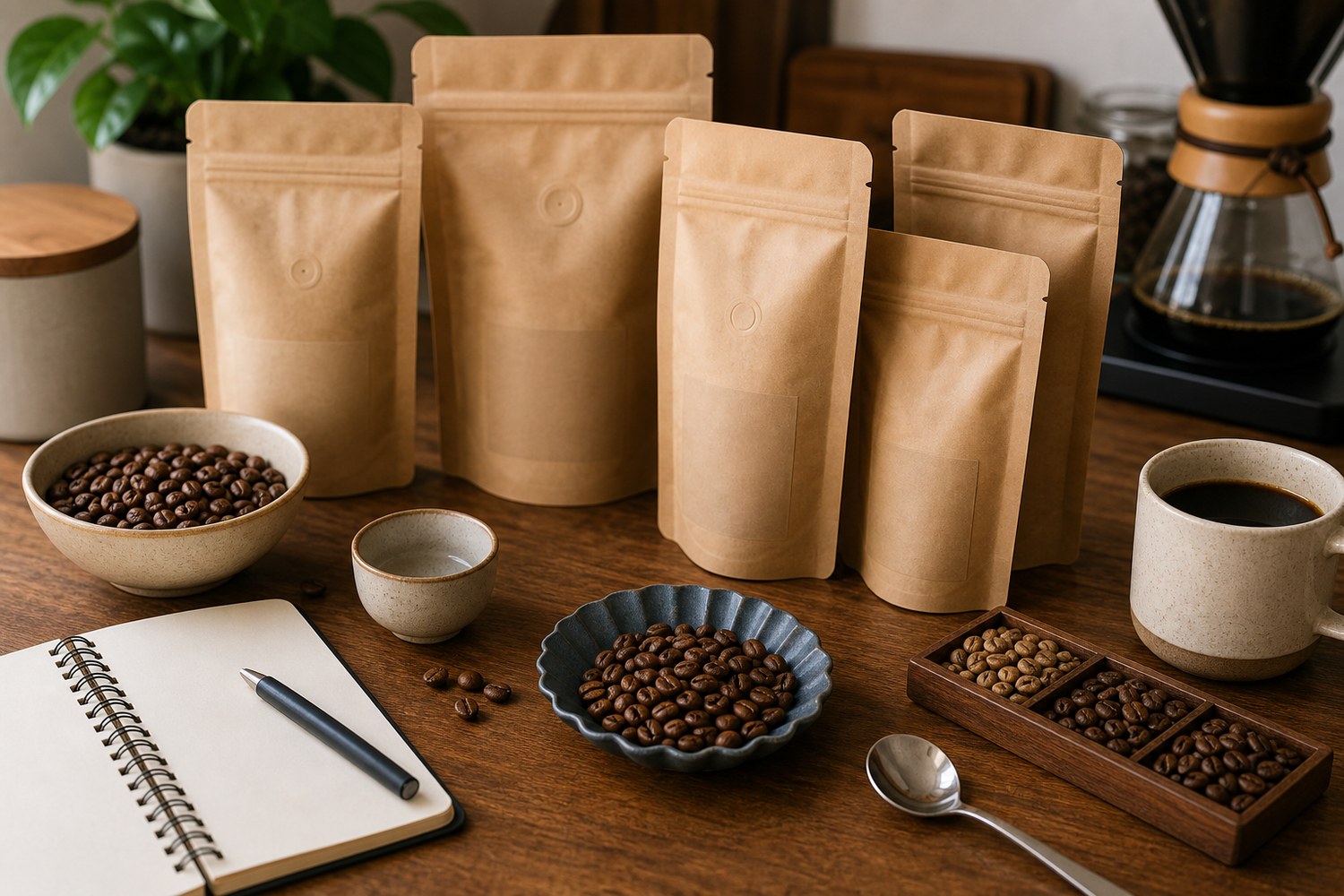Specialty coffee bean tasting setup with plain coffee bags, beans, tasting spoon, and mug