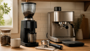 Espresso-capable burr grinder beside a compact beginner espresso machine, scale, portafilter, and coffee beans