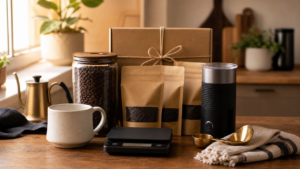 Useful coffee gifts under $50 arranged on a warm kitchen counter with scale, bean jar, frother, mug, and sampler bags
