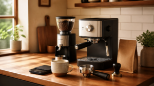 Beginner espresso setup under $500 with compact machine, burr grinder, scale, tamper, portafilter, and coffee beans