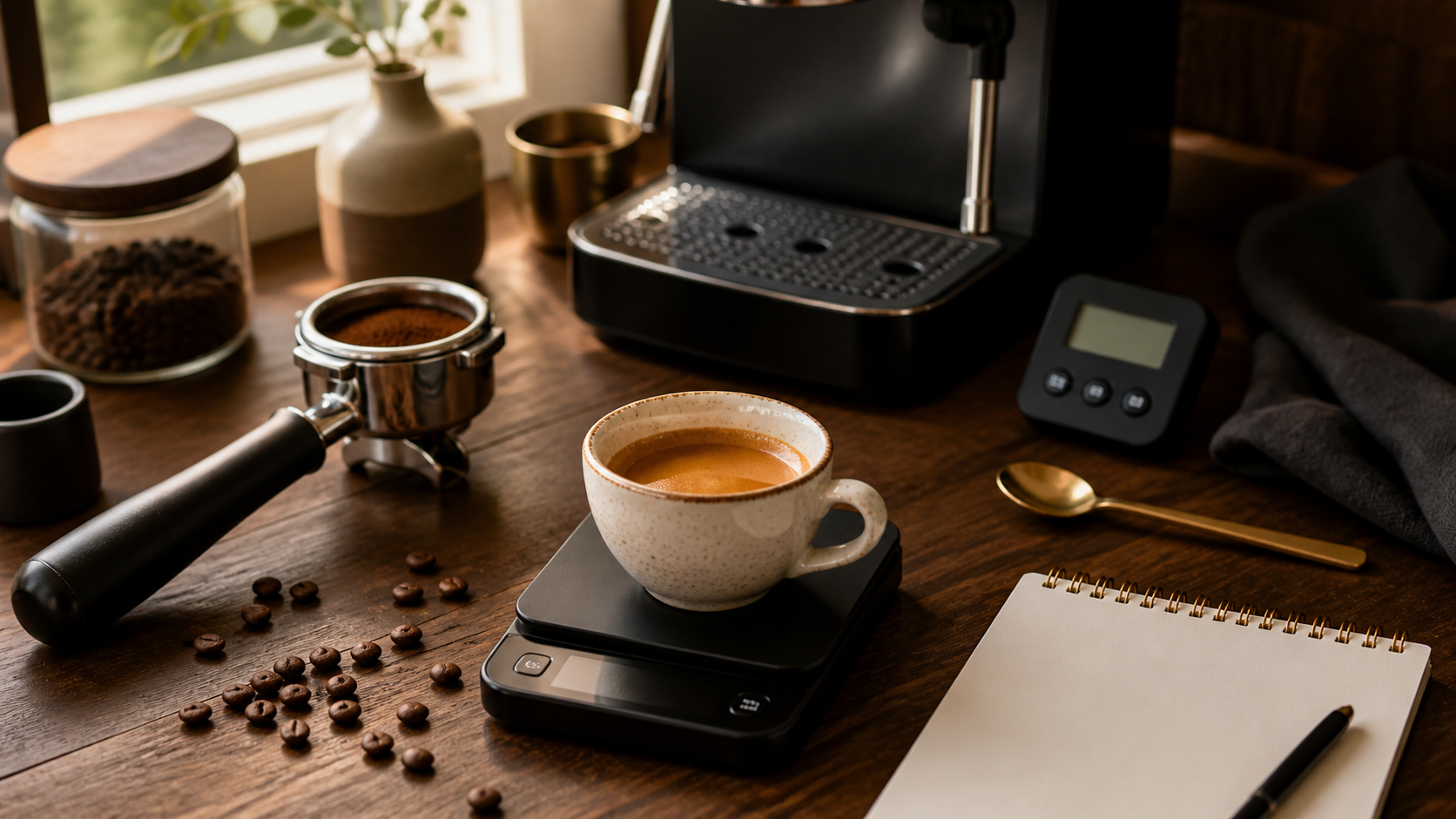 Espresso troubleshooting setup with fresh shot on a scale, portafilter, timer, beans, and notes